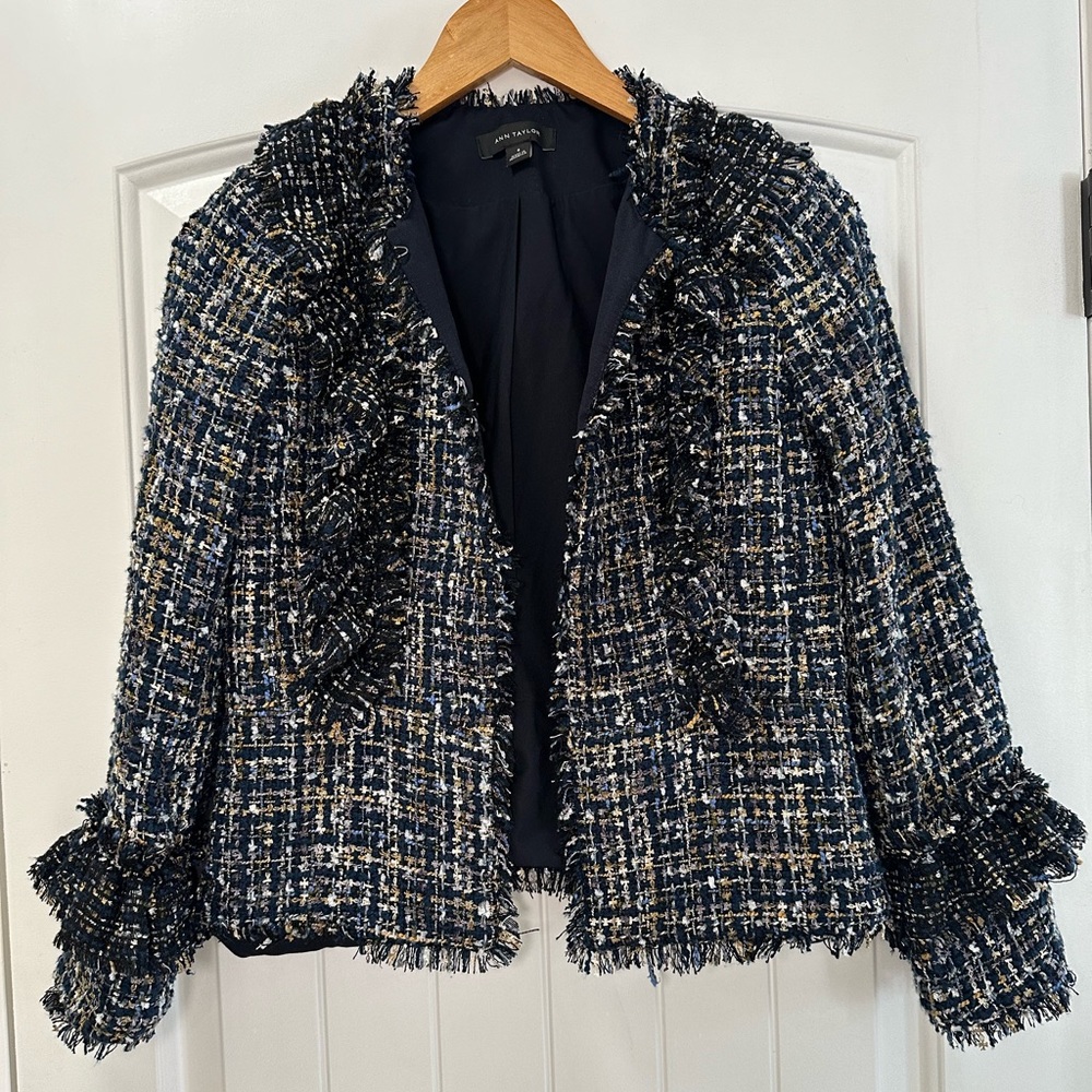Ann Taylor Navy Jacket Blazer, Tweed Fringe Blazer Jacket, Work outfit
